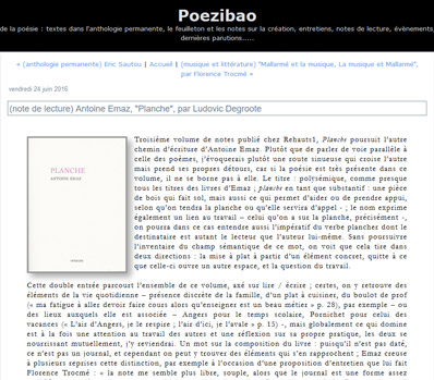 article de Ludovic Degroote sur le livre d'Antoine Emaz : Planche, paru aux éditions Rehauts - 24 juin 2016 site poezibao