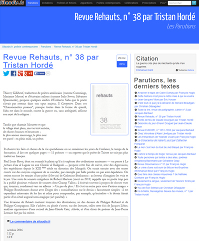 article de Tristan Hordé sur la revue Rehauts n°38 - 29 novembre 2016 site sitaudis.fr
