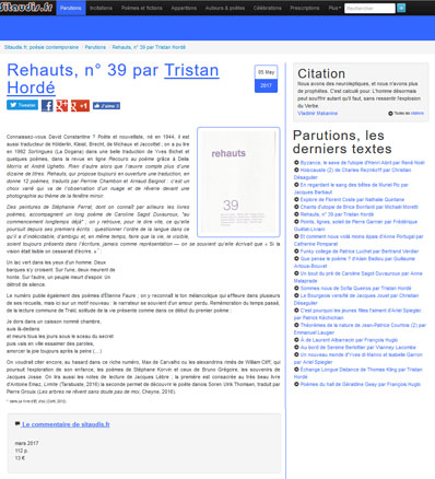 article de Tristan Hordé sur la revue Rehauts n°39 - 5 mai 2017 site sitaudis.fr